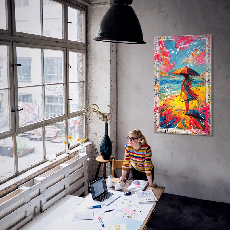 Abstrakte Wandbilder Wohnzimmer – Farbexplosion Gemälde „Sonne entgegen“