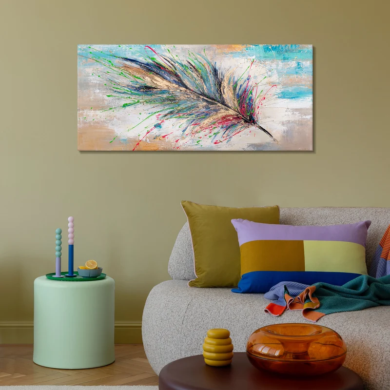 Moderne Acrylmalerei mit Feder – Wanddeko handgemalt "Leuchtendes Gefieder" 115x50cm