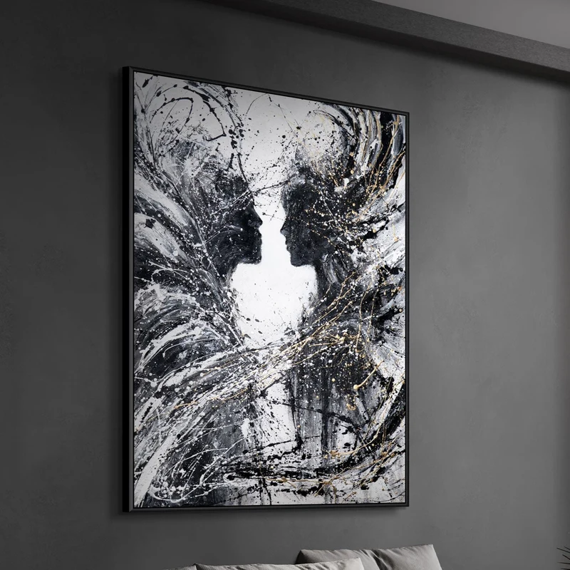 Monochromes Acrylbild mit Rahmen „Zwei Gesichter“ – emotionale Wandkunst auf Leinwand