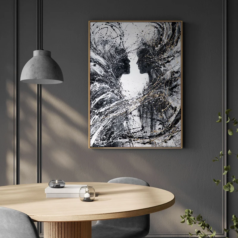 Monochromes Acrylbild mit Rahmen „Zwei Gesichter“ – emotionale Wandkunst auf Leinwand