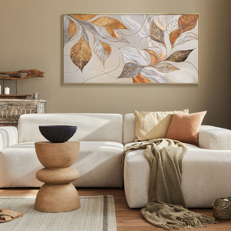 Abstraktes Acrylbilder mit Blättern – Modern Wandbild mit Rahmen "Natürliche Verzierung"