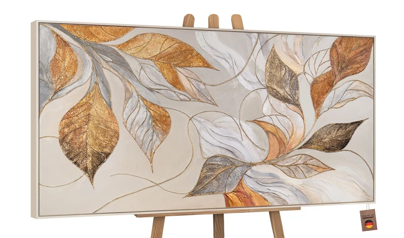 Abstraktes Acrylbilder mit Blättern – Modern Wandbild mit Rahmen "Natürliche Verzierung"