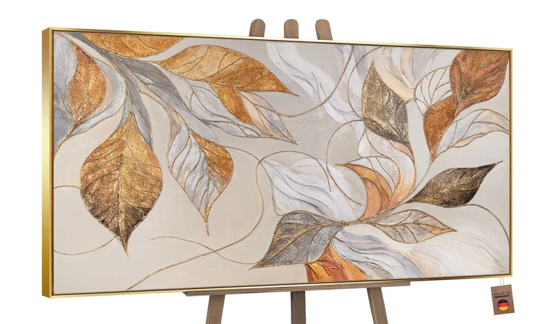 Abstraktes Acrylbilder mit Blättern – Modern Wandbild mit Rahmen "Natürliche Verzierung"