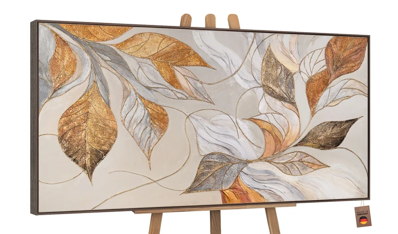 Abstraktes Acrylbilder mit Blättern – Modern Wandbild mit Rahmen "Natürliche Verzierung"