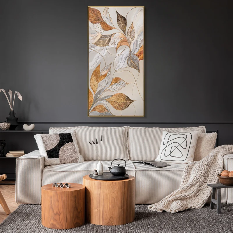Abstraktes Acrylbilder mit Blättern – Modern Wandbild mit Rahmen "Natürliche Verzierung"