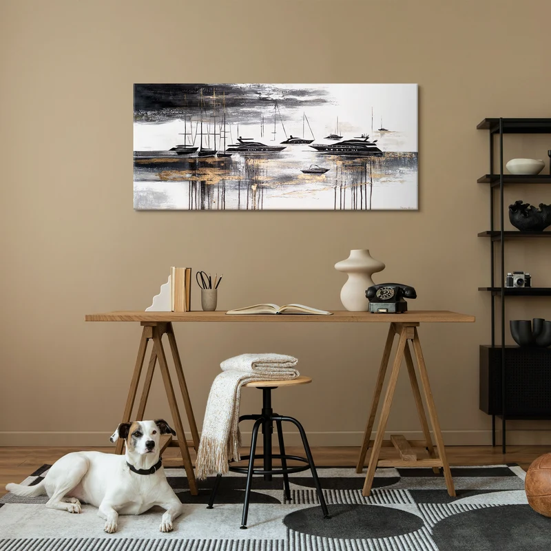 Wandbild "Yachten" in Schwarz-Gold – abstrakte Acrylmalerei auf Leinwand modern 115x50cm
