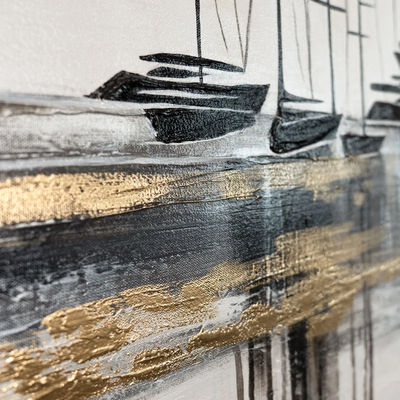 Wandbild "Yachten" in Schwarz-Gold – abstrakte Acrylmalerei auf Leinwand modern 115x50cm