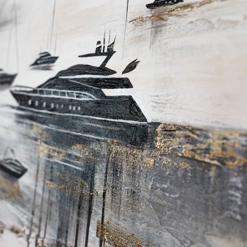 Wandbild "Yachten" in Schwarz-Gold – abstrakte Acrylmalerei auf Leinwand modern 115x50cm