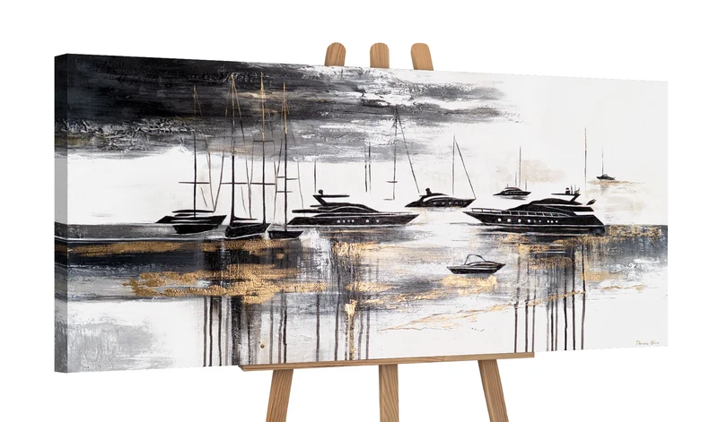 Wandbild "Yachten" in Schwarz-Gold – abstrakte Acrylmalerei auf Leinwand modern 115x50cm
