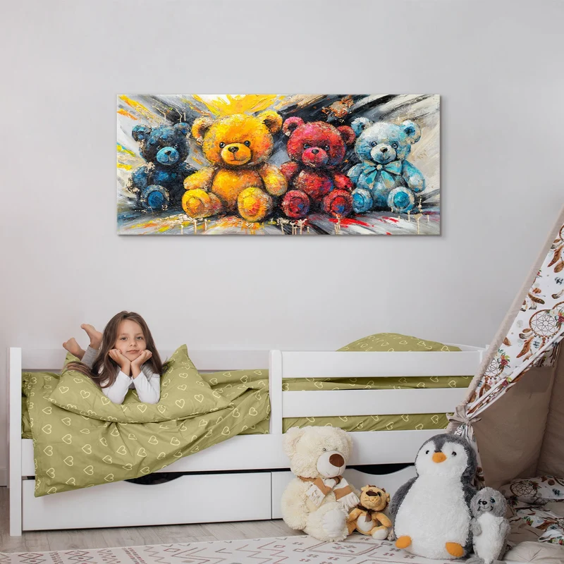 Acrylbild „Leuchtende Bären" – handgemalte Kinderzimmer Wanddeko, 115×50 cm
