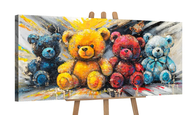 Acrylbild „Leuchtende Bären" – handgemalte Kinderzimmer Wanddeko, 115×50 cm