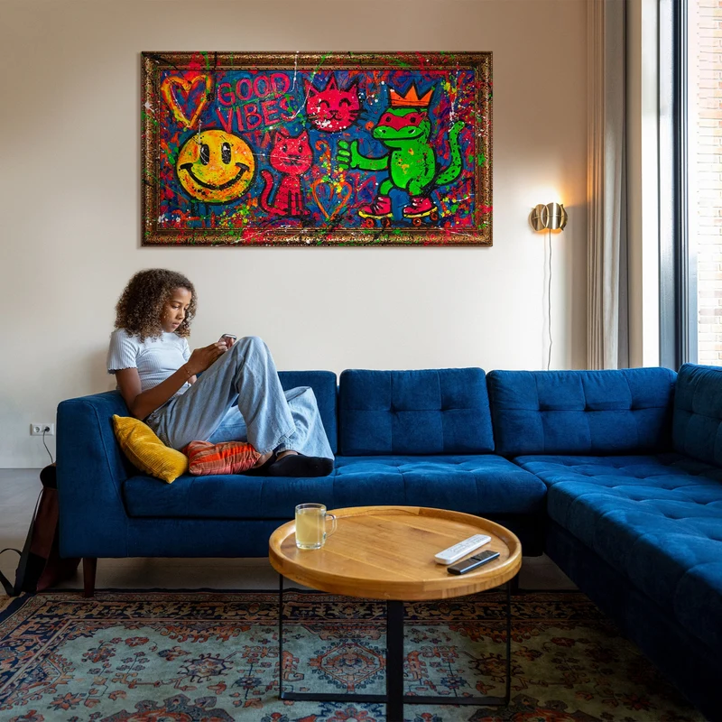 Moderne Abstrakte Kunst fürs Wohnzimmer – Bunte Bild auf Leinwand „Rollschuhe und Freude“