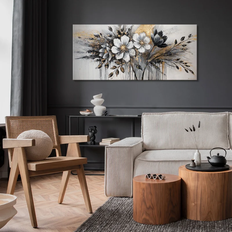 Florale Acrylmalerei auf Leinwand – Moderne Wandkunst "Das Glühen der Farben" 115x50cm