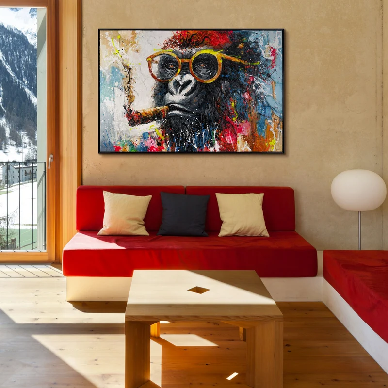 Modernes Acrylbild mit Gorilla - Handgemalte Gemälde "Gangster" für Wohnzimmer