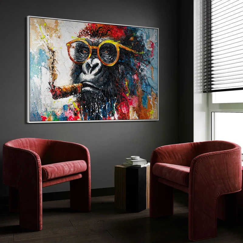 Modernes Acrylbild mit Gorilla - Handgemalte Gemälde "Gangster" für Wohnzimmer