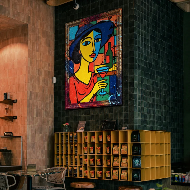 Wanddeko Wohnzimmer - Exklusive Abstrakte Gemälde „Dame in der Bar“