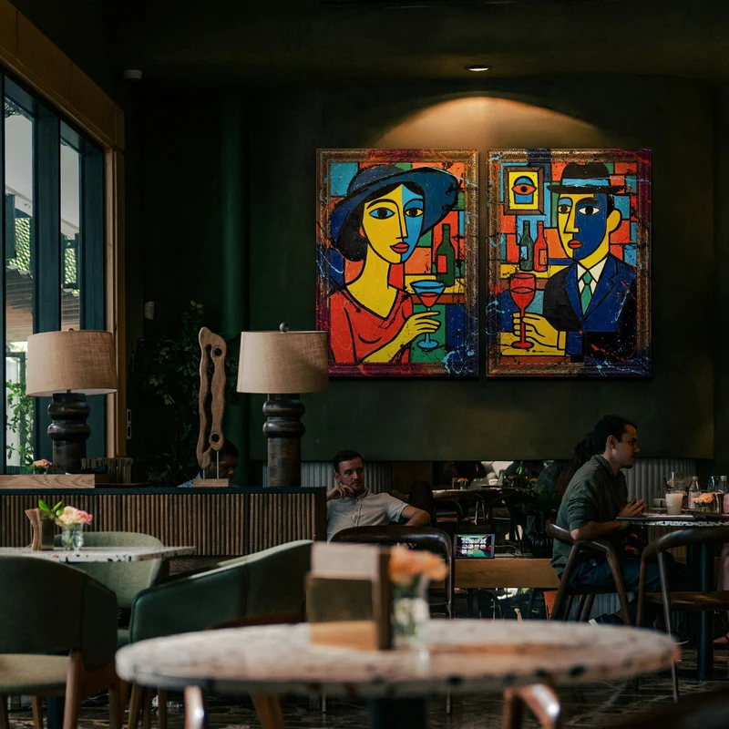 Wanddeko Wohnzimmer - Exklusive Abstrakte Gemälde „Dame in der Bar“