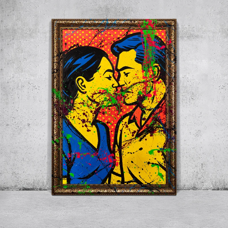 Handgemalte Pop-Art Gemälde – Moderne Wandbilder Wohnzimmer „Farbiger Kuss“