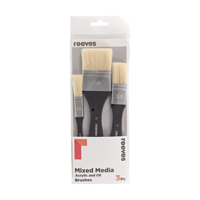 Reeves - Mixed Media Acrylic & Oil Wash Brush set - Short Handle - 3x Brush Pack