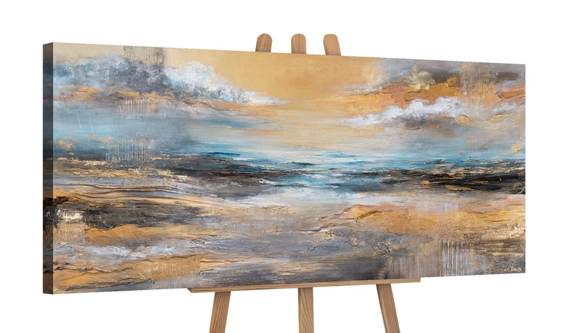 Handgemalte acrylbilder auf Leinwand abstrakt "Goldene Brandung" 115x50cm