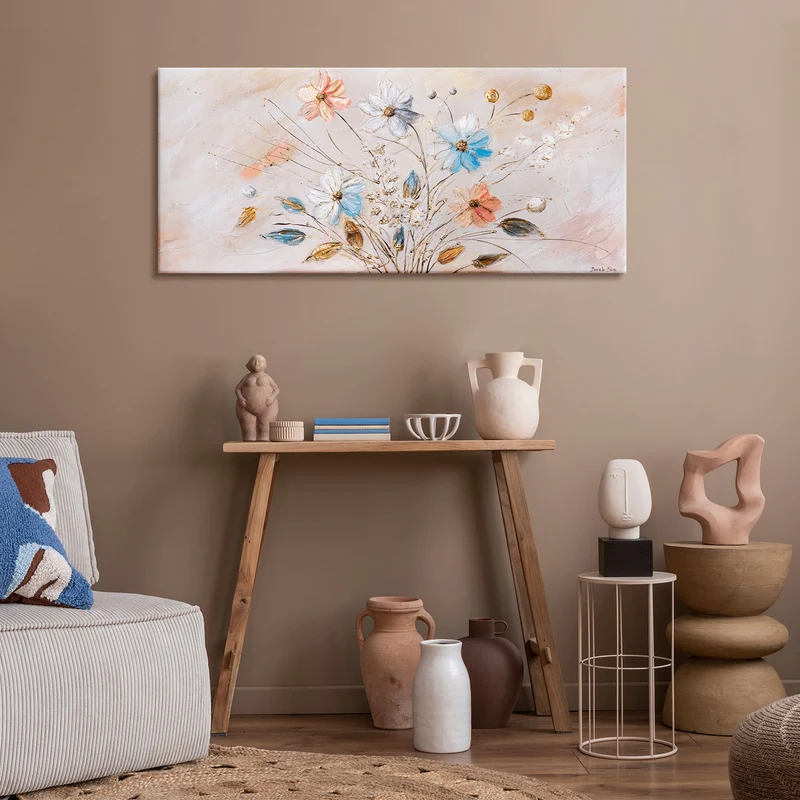 Moderne blumen Acrylmalerei auf Leinwand – Wandbild "Sonnige Blumen" 115x50 cm