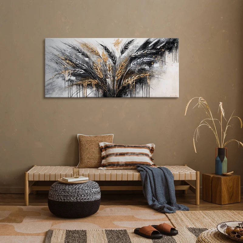 Handgemaltes Acrylbild auf Leinwand mit Ährenmotiv in Gold "Stacheln" 115x50cm