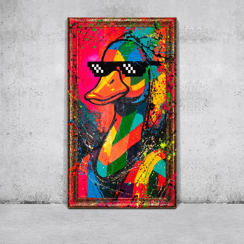 Moderne Wanddeko Wohnzimmer – Pop-Art Leinwandbild „Entchen-Vibe“