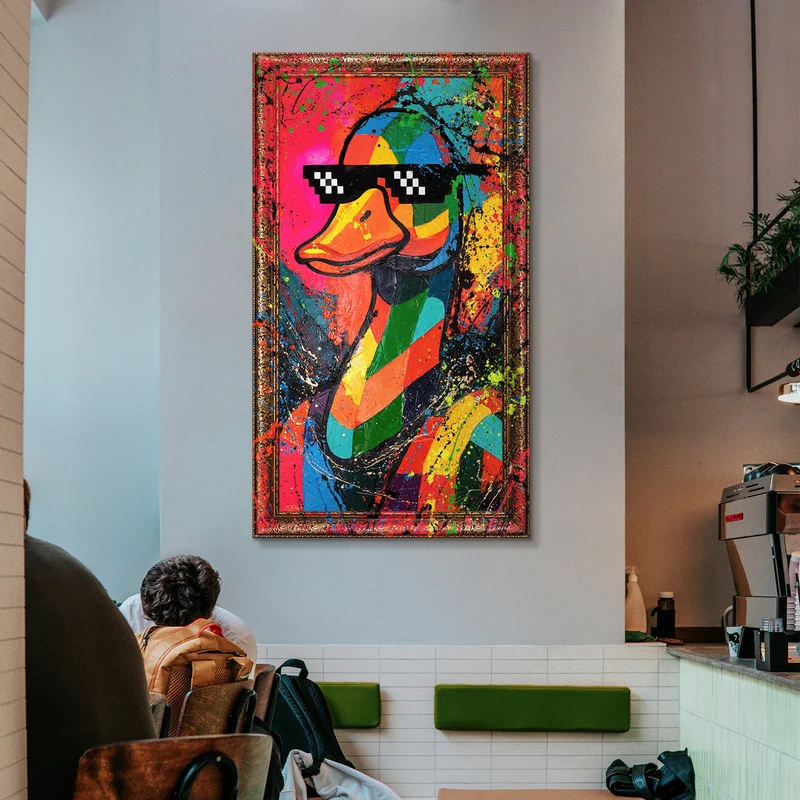 Moderne Wanddeko Wohnzimmer – Pop-Art Leinwandbild „Entchen-Vibe“