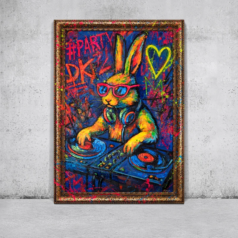 Moderne Wandkunst mit Rahmen – Abstraktes Gemälde "Party-Hase" auf Leinwand
