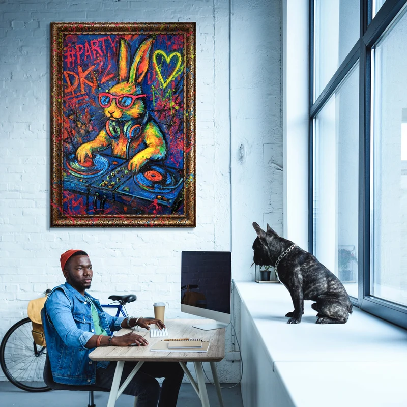 Moderne Wandkunst mit Rahmen – Abstraktes Gemälde "Party-Hase" auf Leinwand