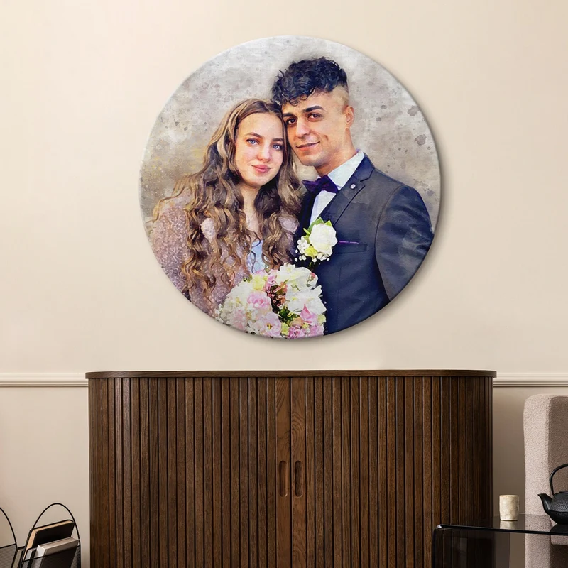 Rundes Portrait nach Foto – handgemaltes Bild auf runder Leinwand, individuell angefertigt
