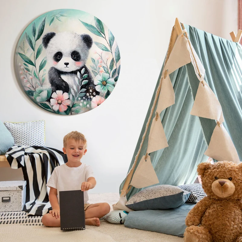 Rundes Acrylbild „Waldpanda" – handgemalter Pandabär mit Blumen, Ø 60–100 cm