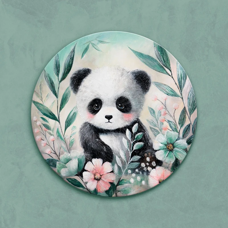 Rundes Acrylbild „Waldpanda" – handgemalter Pandabär mit Blumen, Ø 60–100 cm