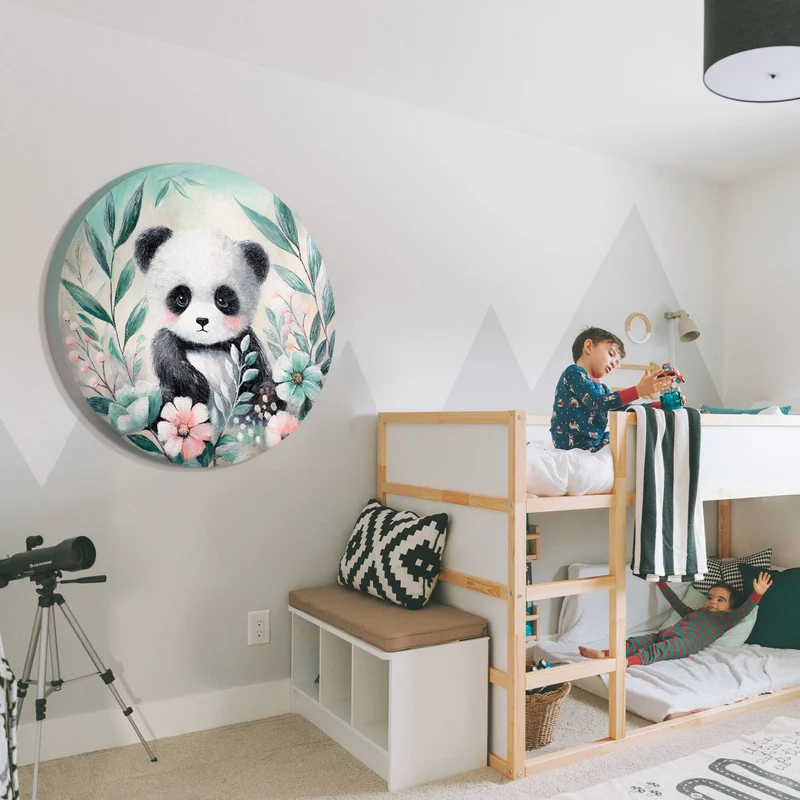 Rundes Acrylbild „Waldpanda" – handgemalter Pandabär mit Blumen, Ø 60–100 cm
