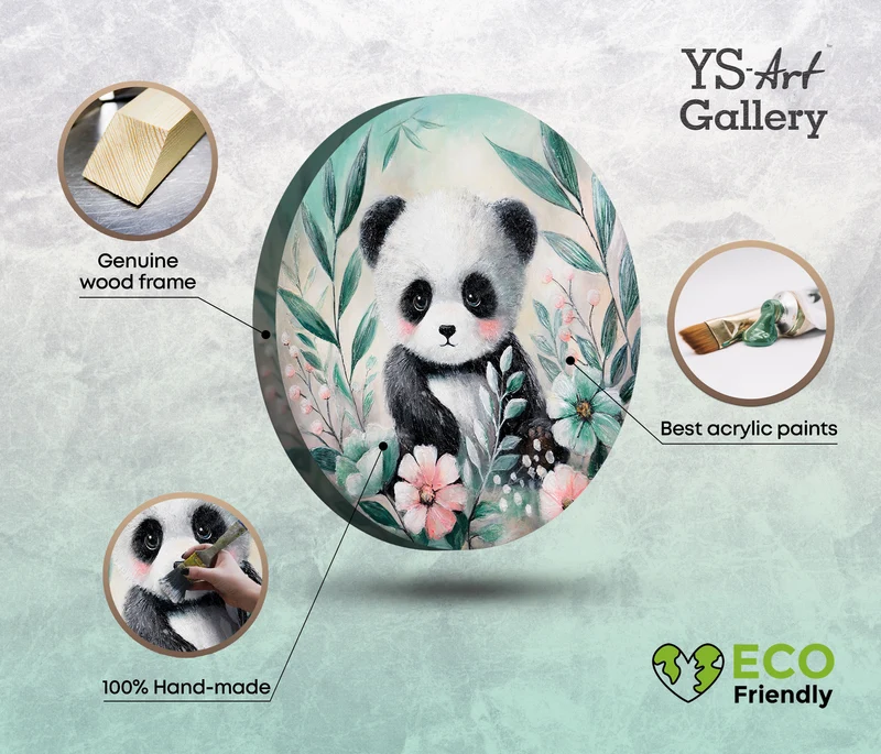 Rundes Acrylbild „Waldpanda" – handgemalter Pandabär mit Blumen, Ø 60–100 cm