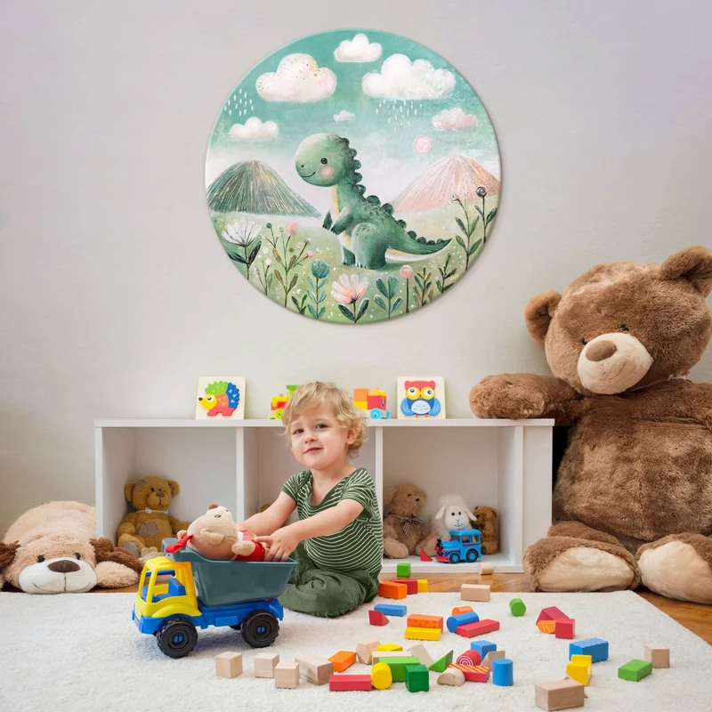 Rundes Acrylbild „Dinosaurier" – handgemaltes Dino-Bild fürs Kinderzimmer, Ø 60–100 cm