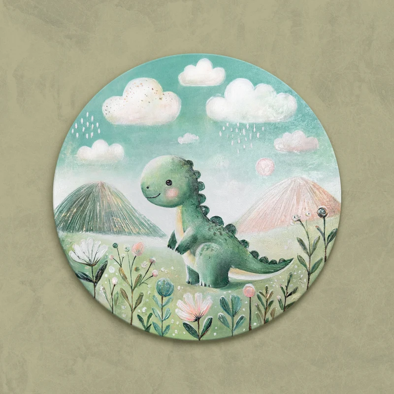 Rundes Acrylbild „Dinosaurier" – handgemaltes Dino-Bild fürs Kinderzimmer, Ø 60–100 cm