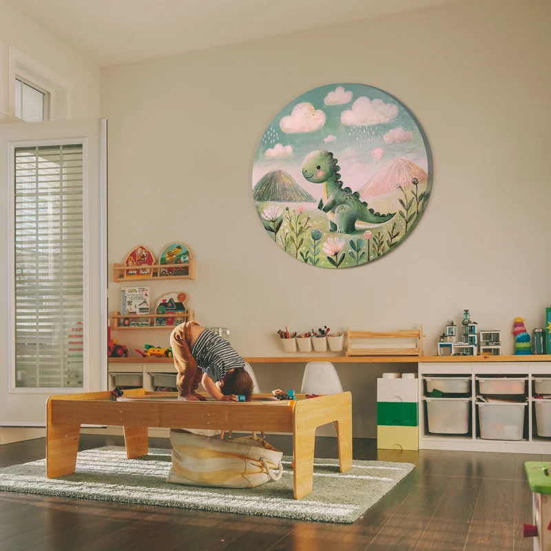 Rundes Acrylbild „Dinosaurier" – handgemaltes Dino-Bild fürs Kinderzimmer, Ø 60–100 cm