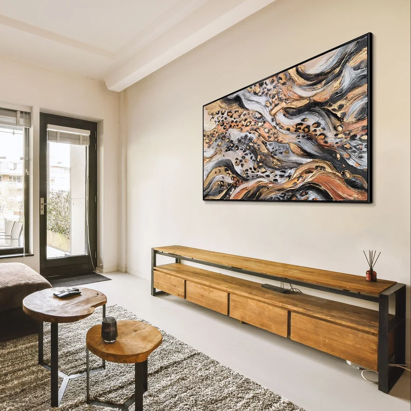 Abstrakte Acrylbild in Schwarz-Gold - Gemälde mit Rahmen für Wohnzimmer "Wilde Energie"