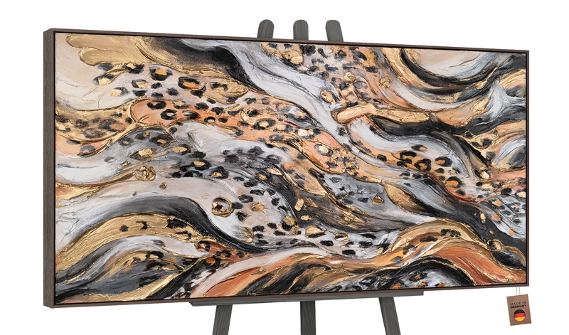 Abstrakte Acrylbild in Schwarz-Gold - Gemälde mit Rahmen für Wohnzimmer "Wilde Energie"