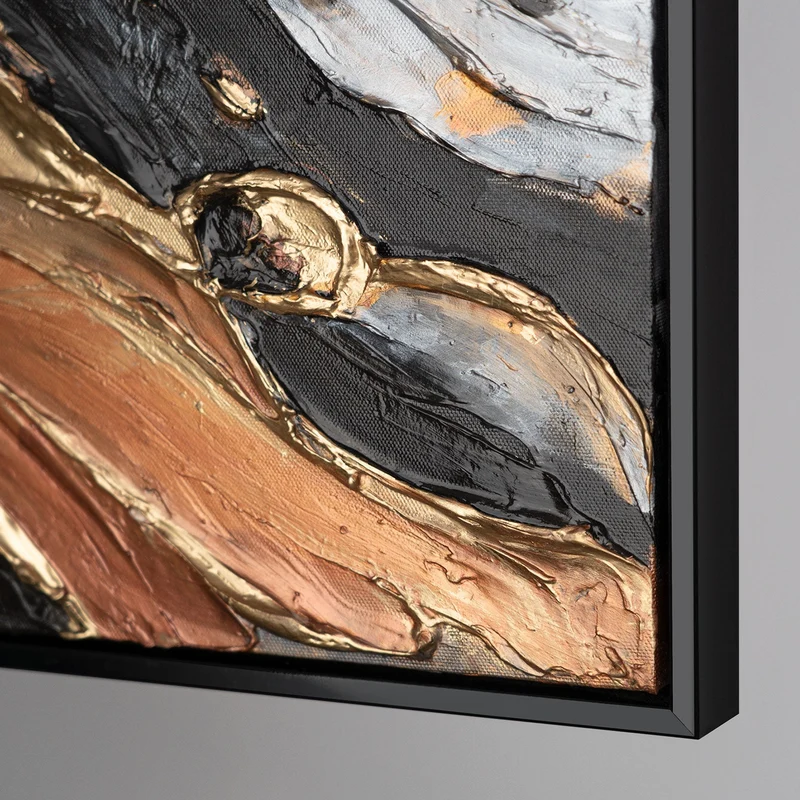 Abstrakte Acrylbild in Schwarz-Gold - Gemälde mit Rahmen für Wohnzimmer "Wilde Energie"