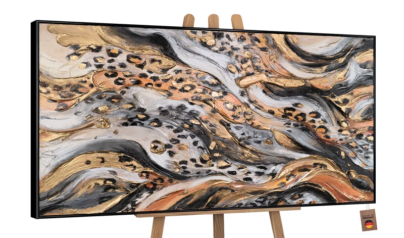 Abstrakte Acrylbild in Schwarz-Gold - Gemälde mit Rahmen für Wohnzimmer "Wilde Energie"