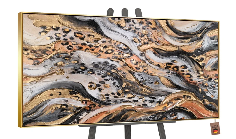 Abstrakte Acrylbild in Schwarz-Gold - Gemälde mit Rahmen für Wohnzimmer "Wilde Energie"