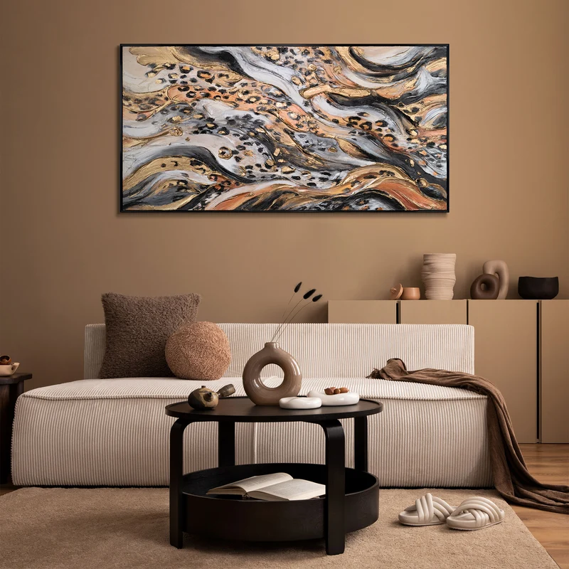 Abstrakte Acrylbild in Schwarz-Gold - Gemälde mit Rahmen für Wohnzimmer "Wilde Energie"