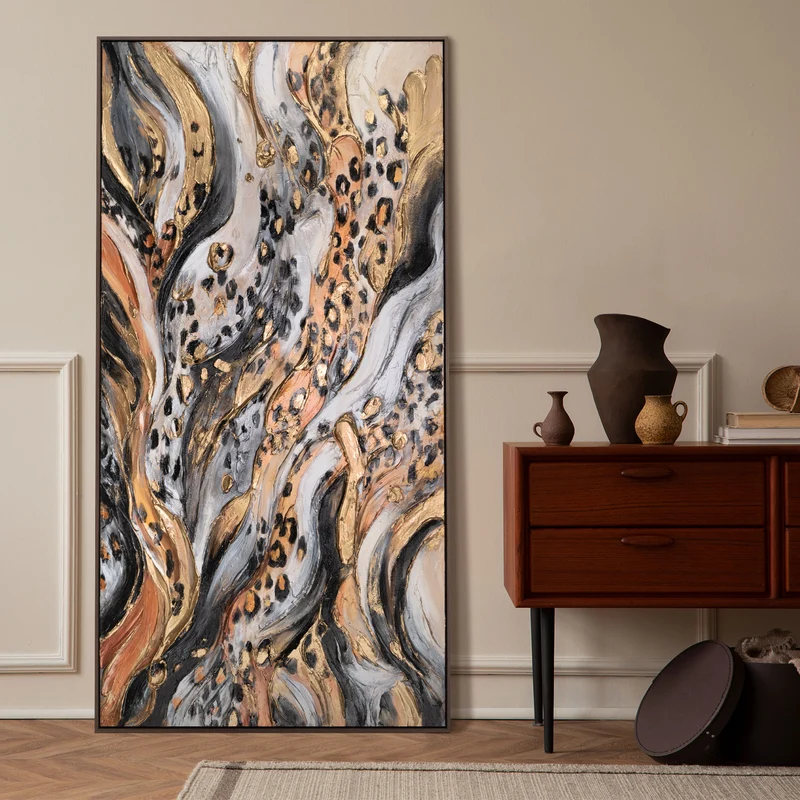 Abstrakte Acrylbild in Schwarz-Gold - Gemälde mit Rahmen für Wohnzimmer "Wilde Energie"