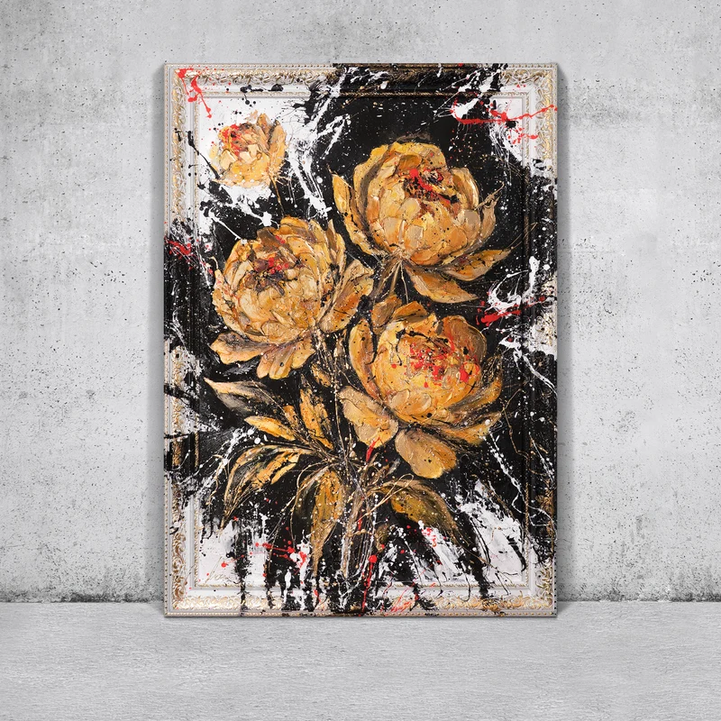 Handgemaltes Acrylbild mit Goldblumen – Wand Kunst Dekor "Samtiger Glanz"