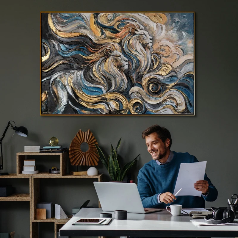 Acrylbilder auf Leinwand – Handgemalte abstrakte Kunst mit Löwenmotiv "Dynastie der Stärke"