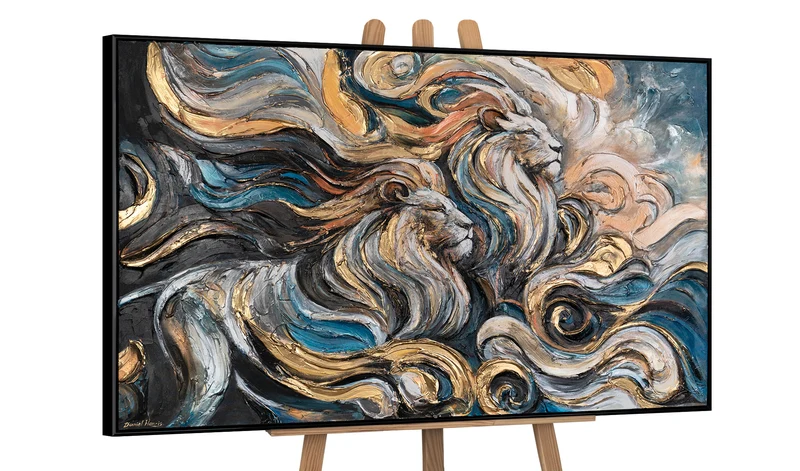 Acrylbilder auf Leinwand – Handgemalte abstrakte Kunst mit Löwenmotiv "Dynastie der Stärke"
