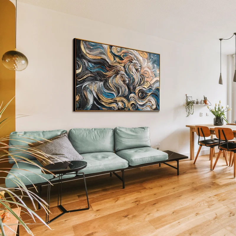 Acrylbilder auf Leinwand – Handgemalte abstrakte Kunst mit Löwenmotiv "Dynastie der Stärke"