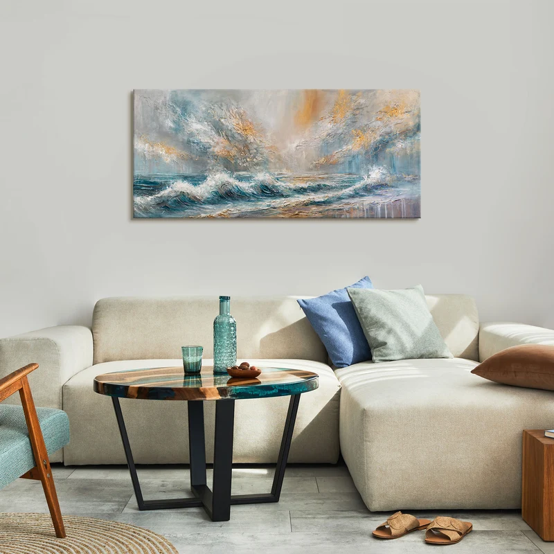 Handgemaltes Wandbild "Sea Dawn" - abstraktes Acrylgemälde mit Wellen auf Leinwand 115x50cm